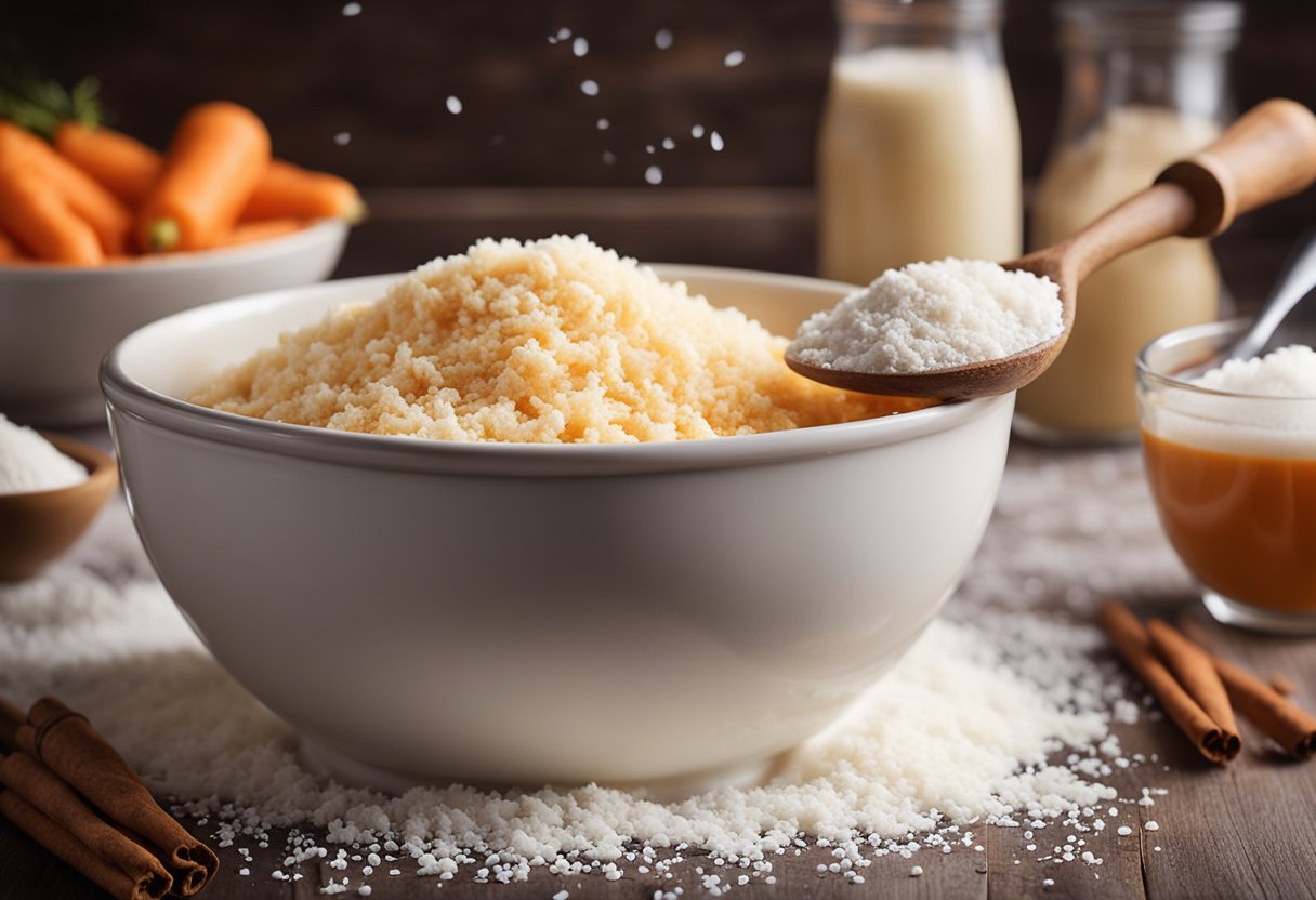 A mixing bowl filled with grated carrots, flour, eggs, and sugar. A cloud of cinnamon and vanilla essence hovers above the ingredients