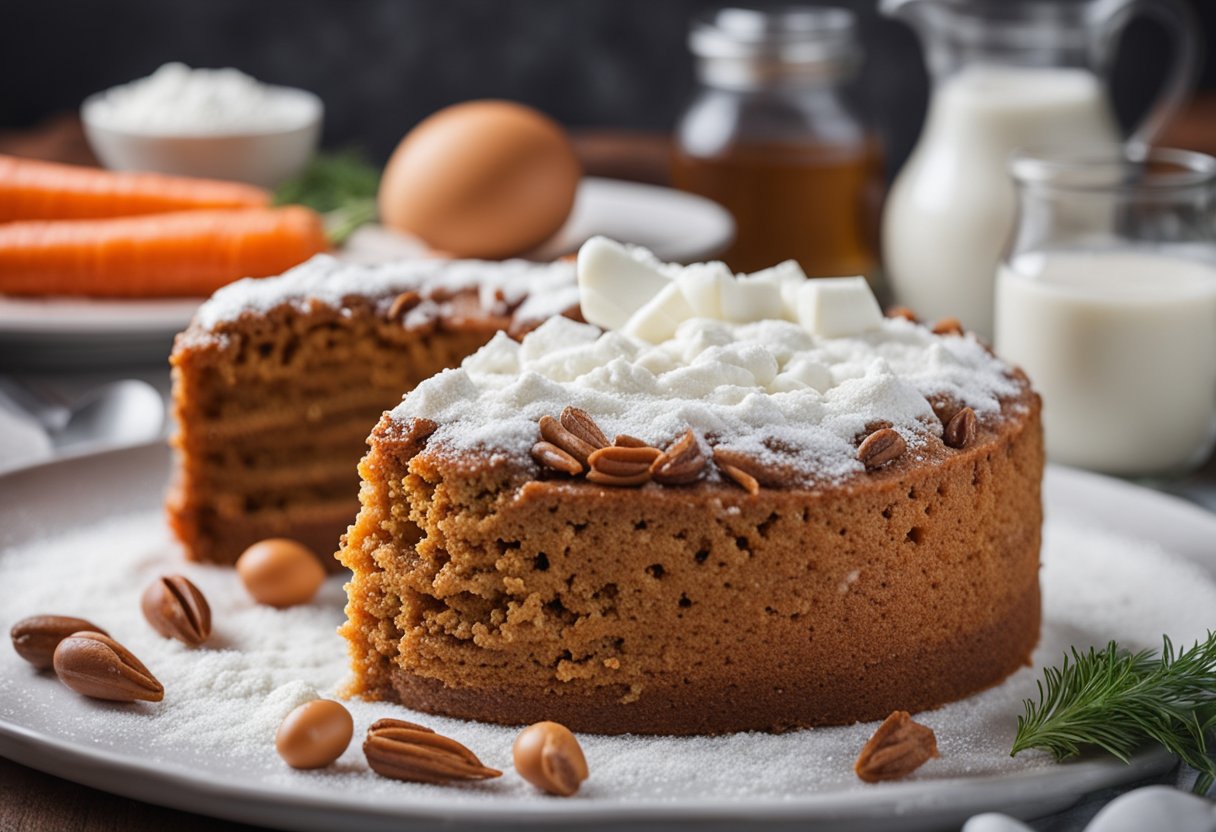 A table with flour, sugar, eggs, oil, and carrots for a carrot cake