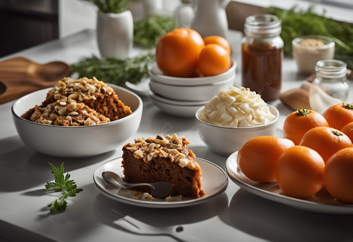 A kitchen counter with ingredients and utensils for making carrot cake