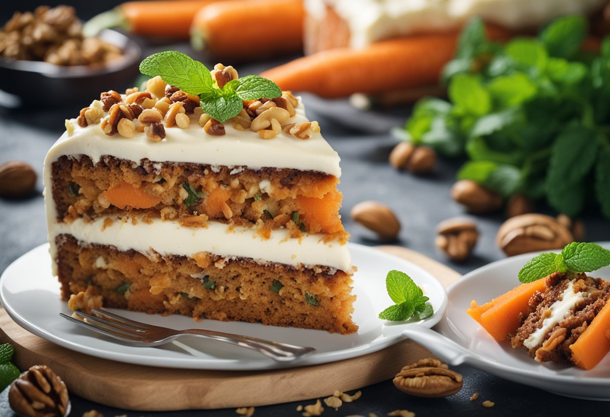 A carrot cake being sliced, with cream cheese frosting and carrot shavings on top, surrounded by a few scattered walnuts and a sprig of fresh mint