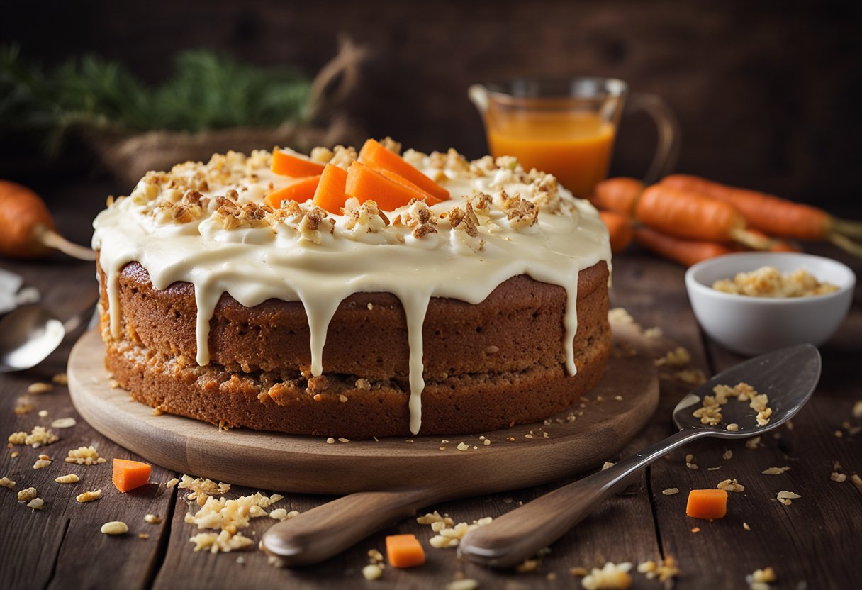 A delicious carrot cake with cream cheese frosting sits on a rustic wooden table, surrounded by scattered crumbs and a few scattered carrots