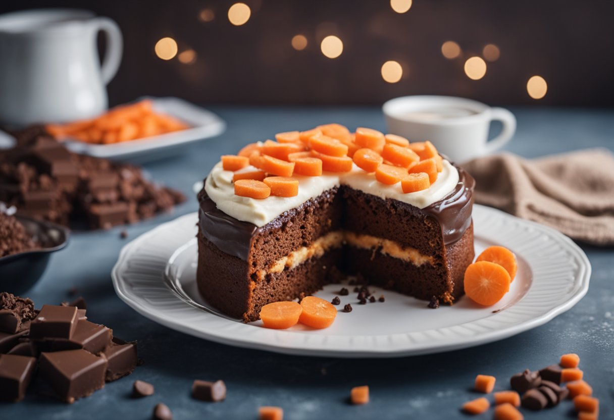 A carrot cake on a white plate with chocolate icing and a sprinkle of grated carrots on top